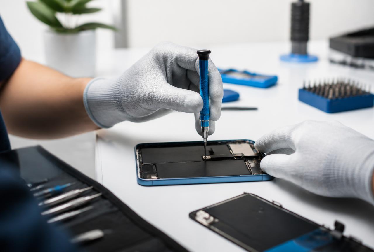 Tecnico che ripara uno smartphone con strumenti di precisione
